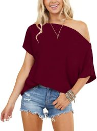 Women Off Shoulder Tops Short Sleeve T-Shirts Loose Blouses d Tunic Tops - Image 2