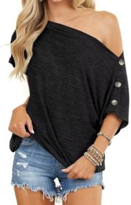 Women Off Shoulder Tops Casual Summer Loose Button Down Short Sleeve Shirt Tunic Blouse - Image 2