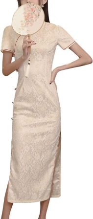 Deluxe Maxi Cheongsam Cap Sleeve Manarin Collar Slim Fit Side Slit Chinese Qipao Dress Evening Party Formal Wear