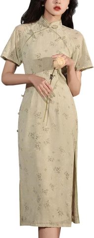 Women's Short Sleeve Long Cheongsam Elegant Floral Mandarin Collar High Slit Mid-Calf Modern Qipao Vintage Dress