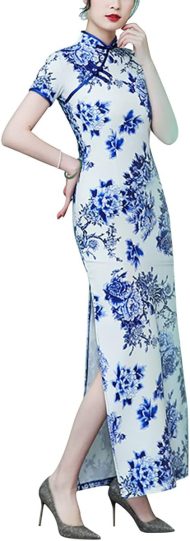 Gorgeous Print Chinese Qipao Cheongsam Dress Short Sleeve Side Slit Maxi Dress Evening Gown