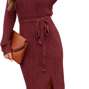 Women's V Neck Cable Knit Sweater Dress Long Sleeve Bodycon Slit Pullover Midi Dress with Belt