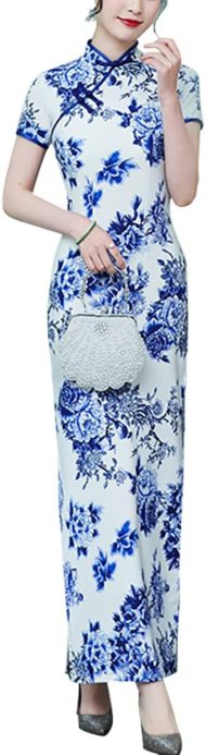 Gorgeous Print Chinese Qipao Cheongsam Dress Short Sleeve Side Slit Maxi Dress Evening Gown - Image 2
