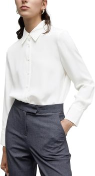 Y Women's Button Down Shirt Classic Long Sleeve Collared Tops Work Office Chiffon Blouse - Image 2