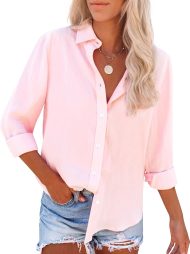 Button Down Shirts for Women Dress Shirts Long Sleeve Wrinkle-Free Blouse Casual Solid Office Work Tunic Top