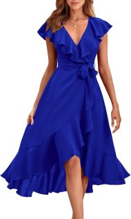 Women's 2026 Summer Wrap Midi Dress Casual Boho Deep V Neck Short Sleeve Ruffle Hem Split Beach Long Dresses