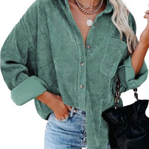 Womens Corduroy Button Down Shirts Boyfriend Long Sleeve Oversized Blouses Tops