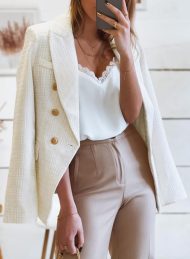 Womens Tweed Blazers Casual Long Sleeve Double Breasted Open Front Blazer Jackets Work Suits - Image 2