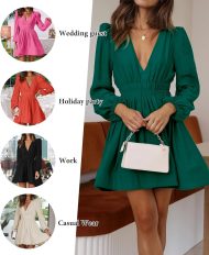 Mini Dress Deep V Sexy Dress Long Sleeve Dress for Women A-line High Waisted Casual Flowy Dress - Image 2