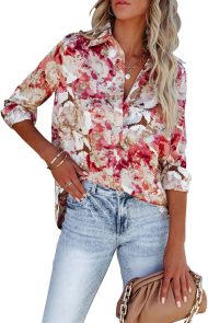 Womens Button Down Shirts Dress Shirts Long Sleeve Wrinkle Free Collared Work Blouses Casual Print Chiffon Top