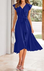 Women's 2026 Summer Wrap Midi Dress Casual Boho Deep V Neck Short Sleeve Ruffle Hem Split Beach Long Dresses - Image 2